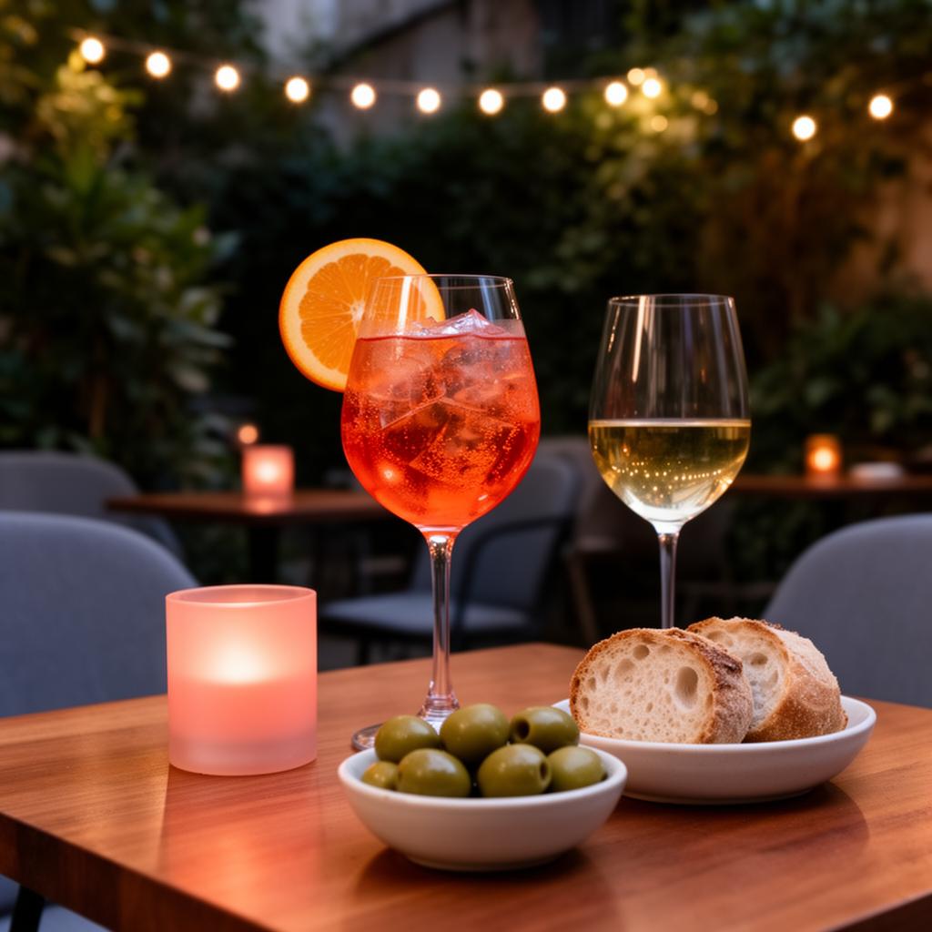 Aperitivo with spritz and olives by candlelight